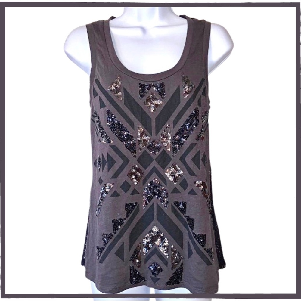 EXPRESS Iridescent Sequin Tank Sheer Lace Back EUC